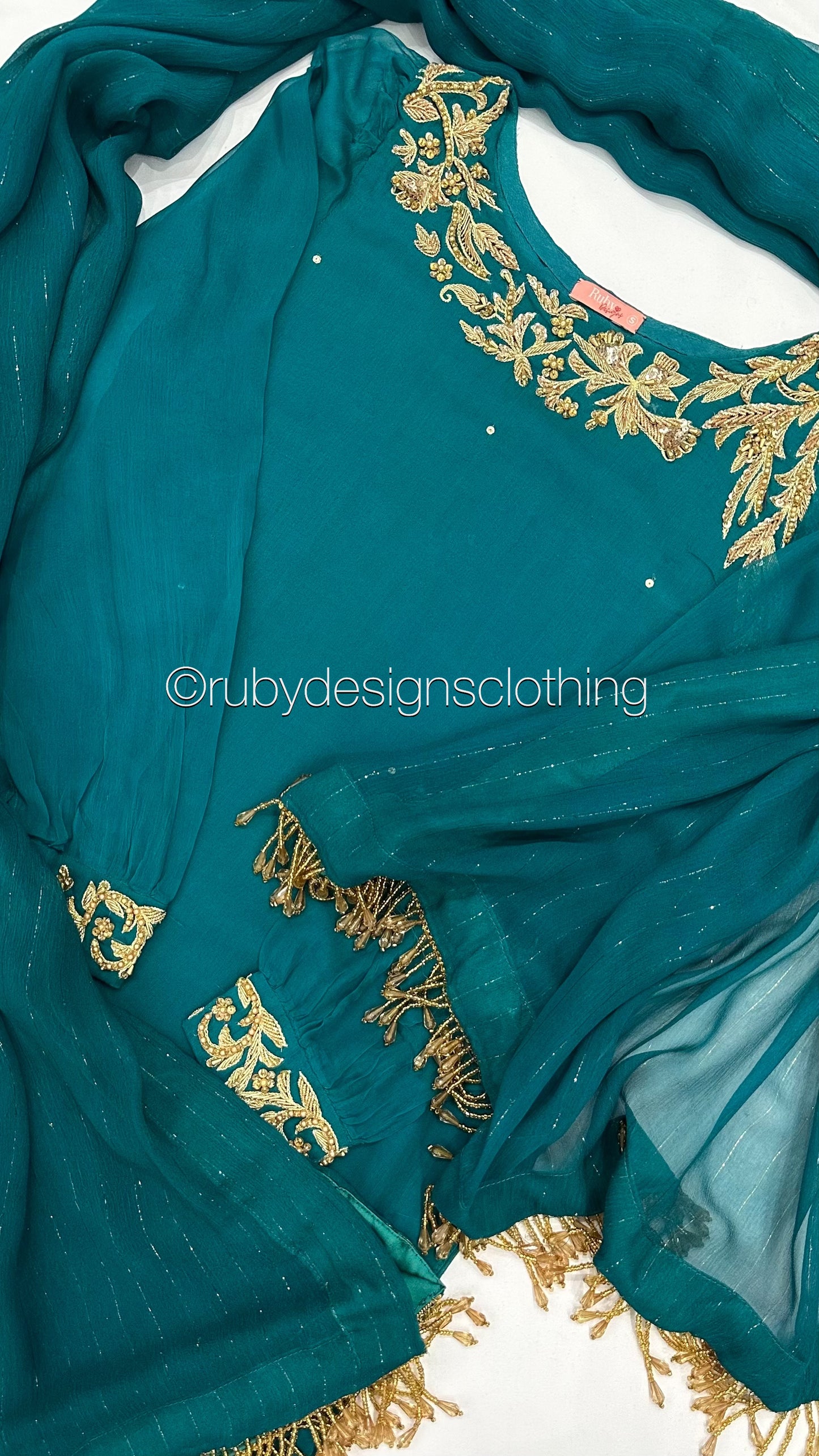 ANEEQA Teal - 4 Piece Chiffon Suit with Gold Handwork (8013104775381)