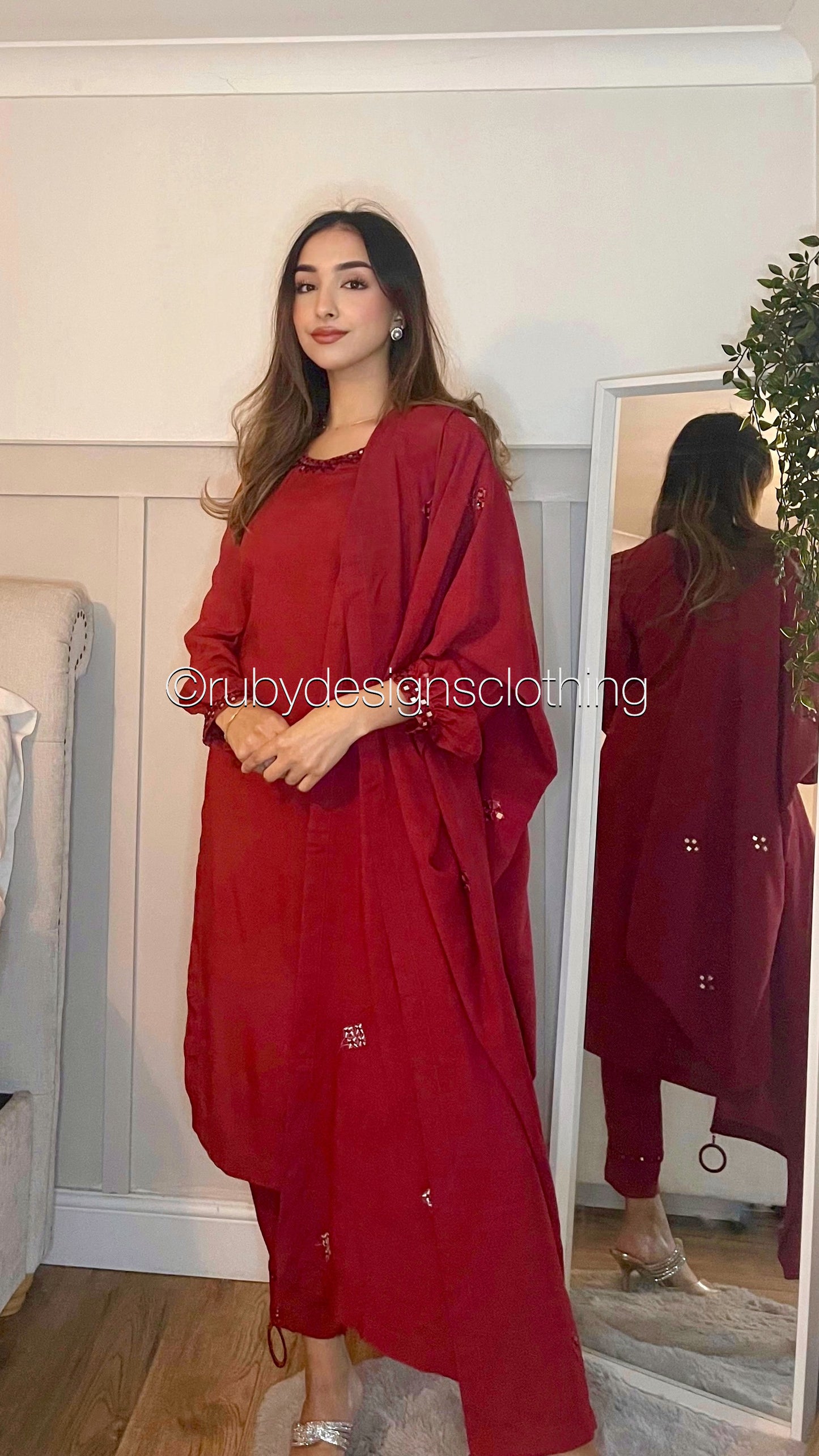 WARDA - 3 Piece Marina Deep Red Suit with Mirror Work and Shawl (7934798037205)