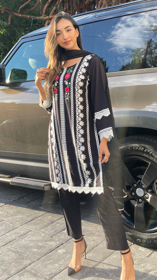 TAHERA - 3 Piece Black Linen Suit with White Lace and Embroidery (7447670227157)