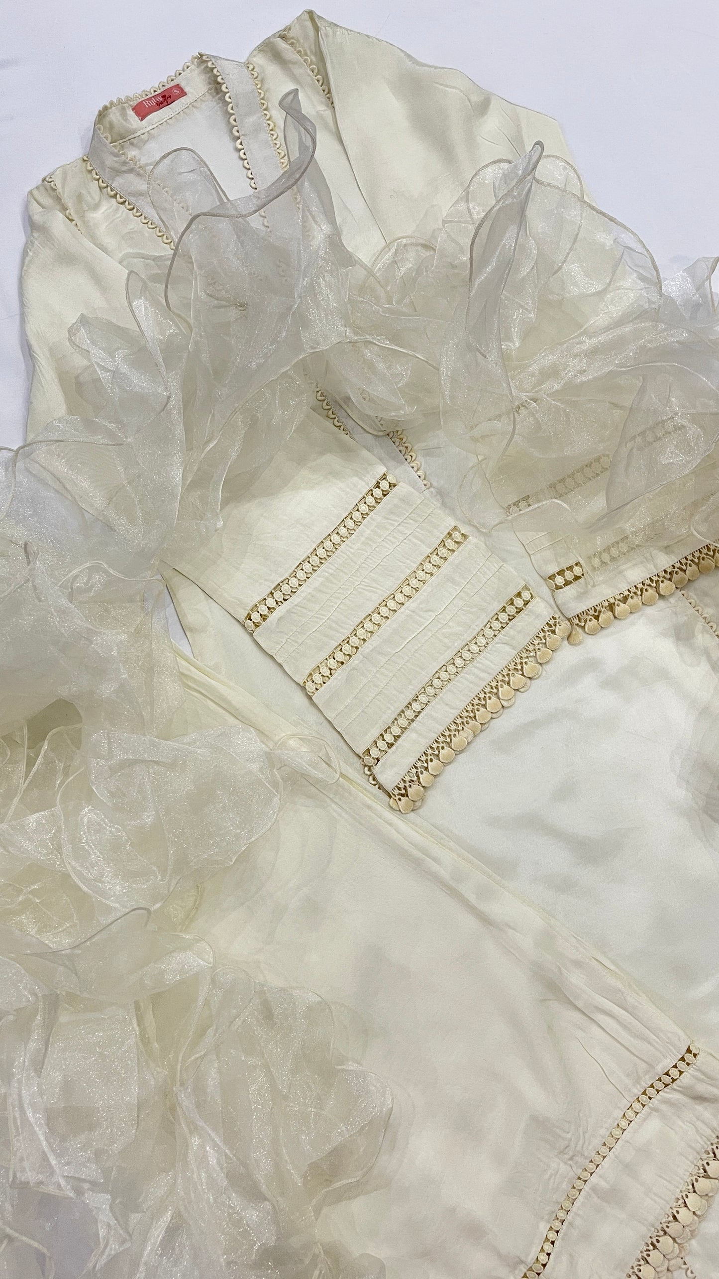 AYLA White - 3 Piece Off-White Cotton Silk Suit with Ruffle Organza Dupatta (7749559910613)