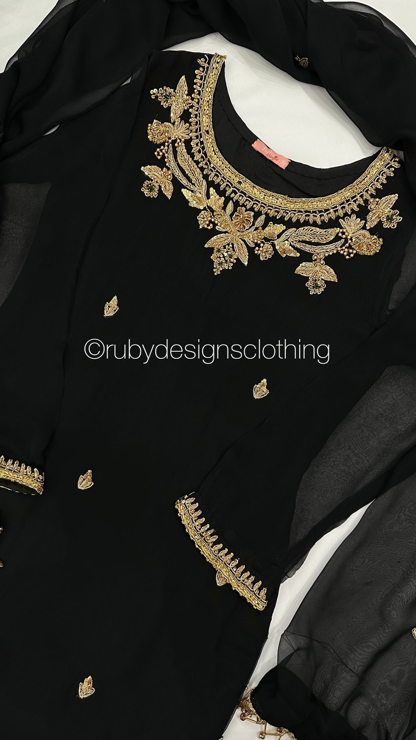 AMBREEN Black - 4 Piece Chiffon Suit with Gold Handwork (8012564922581)