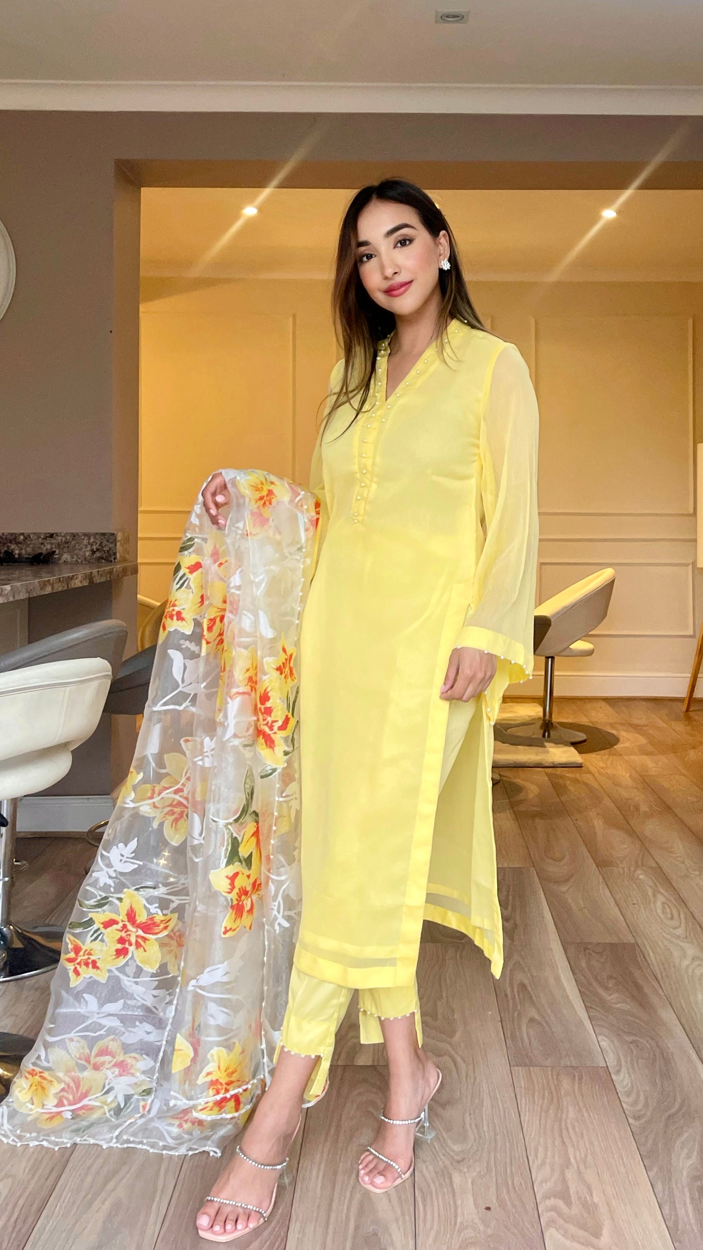 ARIA Lemon - 3 Piece Chiffon Suit with Floral Print Organza Dupatta (7801241305301)