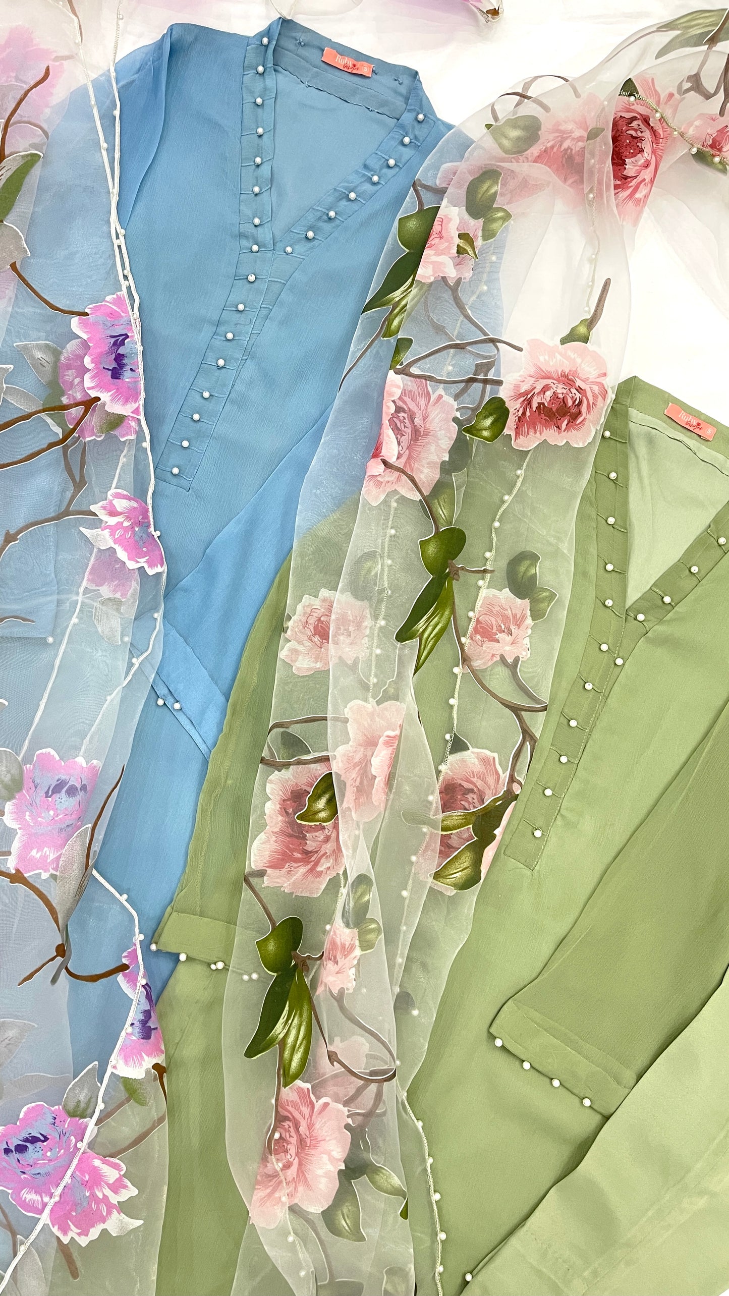 ARIA - 3 Piece Sky Blue Chiffon Suit with Floral Print Organza Dupatta
