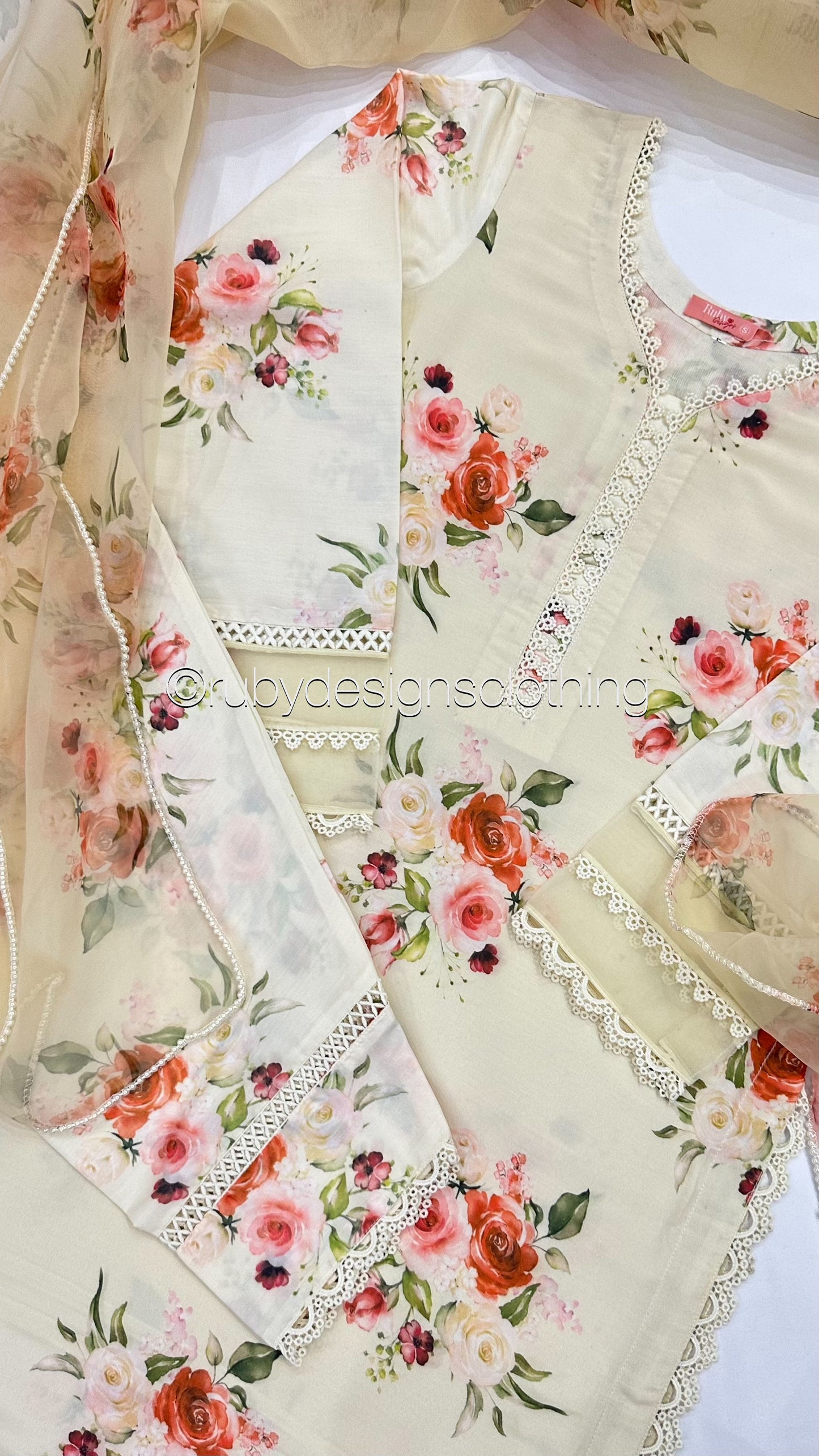 YUSRA - 3 Piece Cream Floral Print Swiss Lawn Suit with Organza Dupatta (8022979281109)