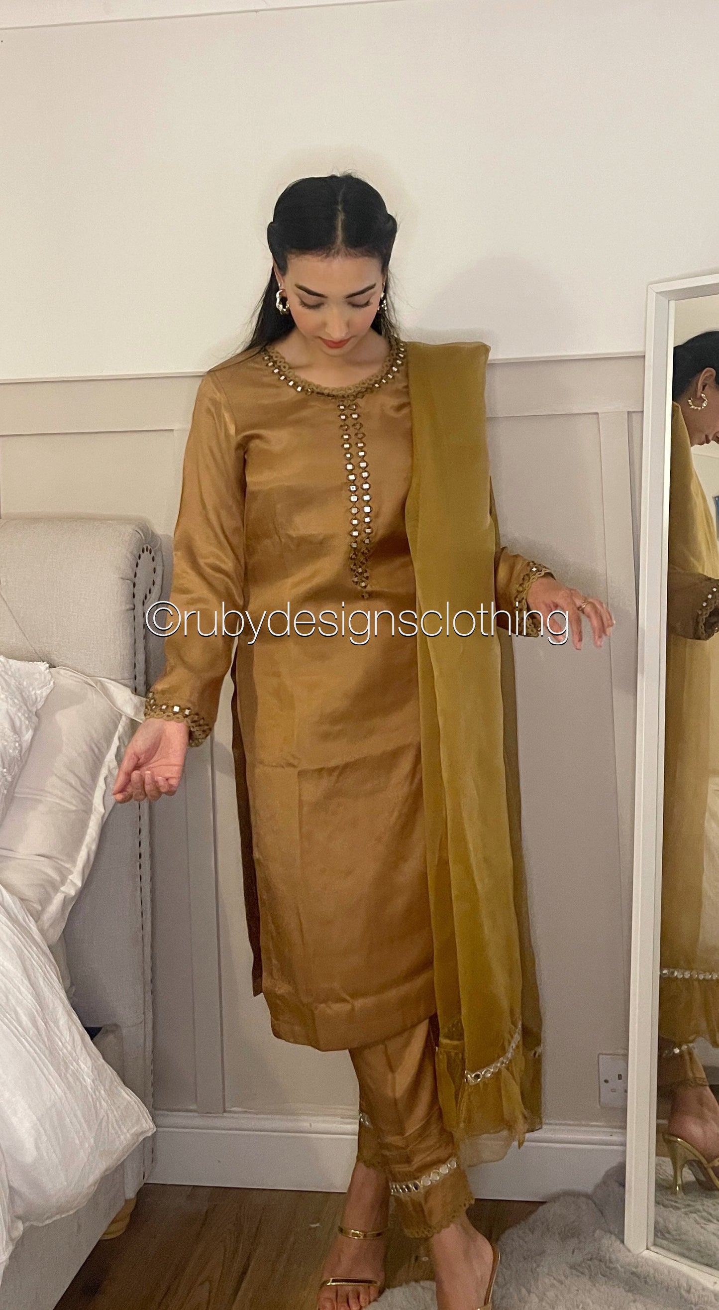 SONA - 3 Piece Gold/Caramel Marina Suit with Mirror Work