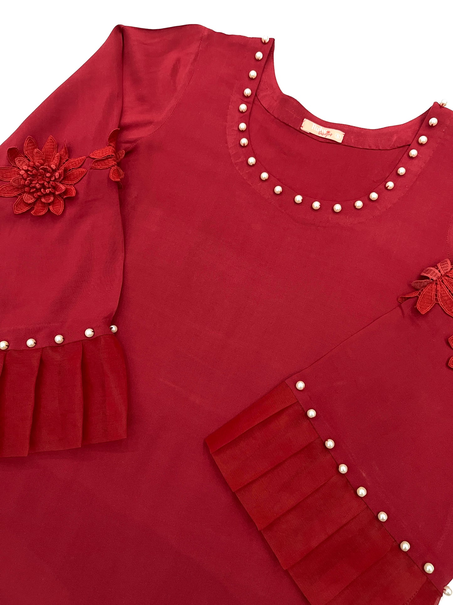 SABRINA - 3 Piece Deep Red Linen Suit with Pearl Details and 3D Flowers