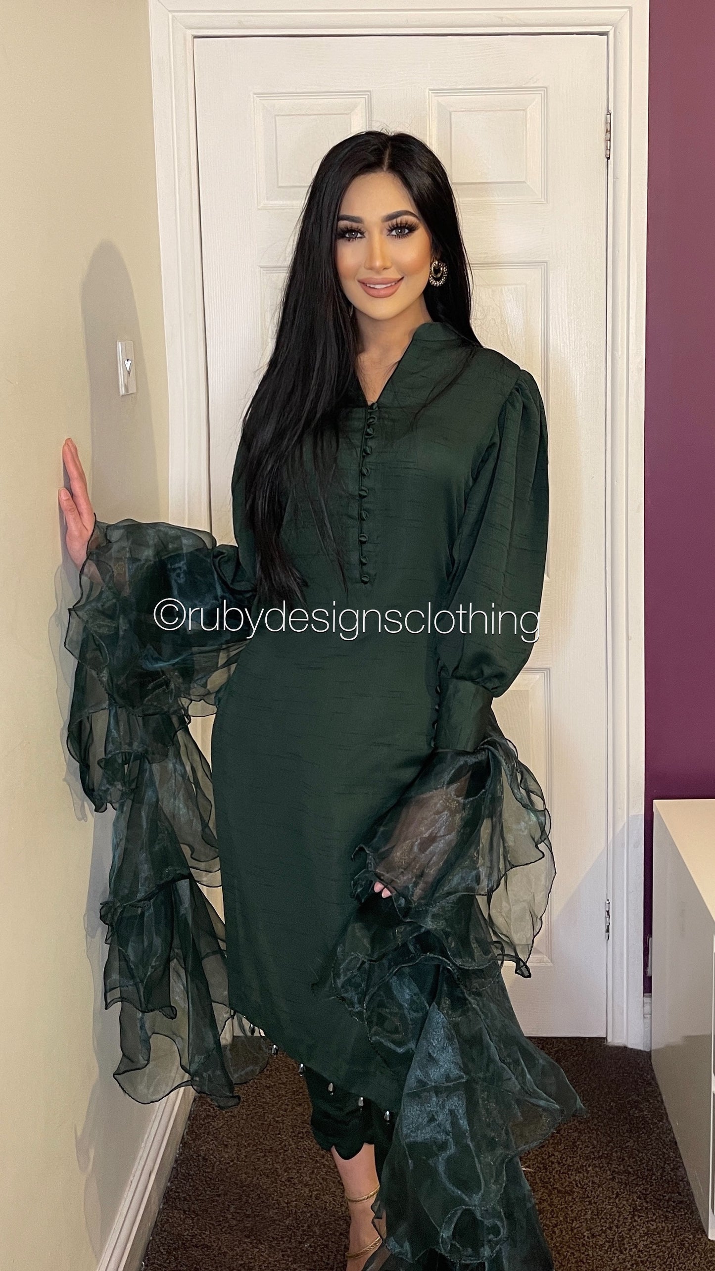 ZAARA Green - 3 Piece Raw Silk Suit with Organza Ruffle Dupatta (7603683360981) (8748147310805)