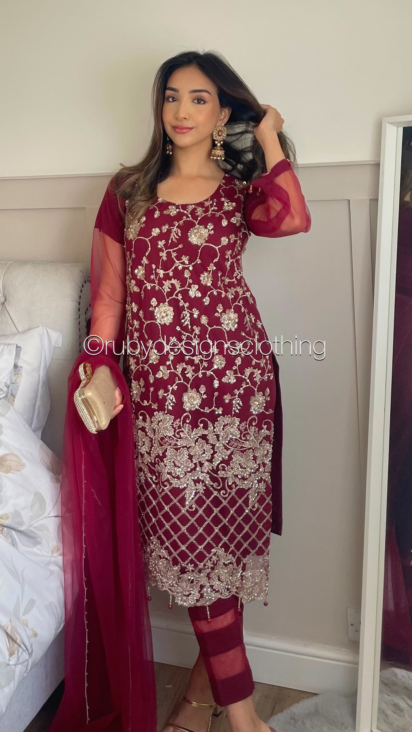 ALARA - 3 Piece Maroon Net Suit with Gold Embroidery (8017161650389) (8747681972437)