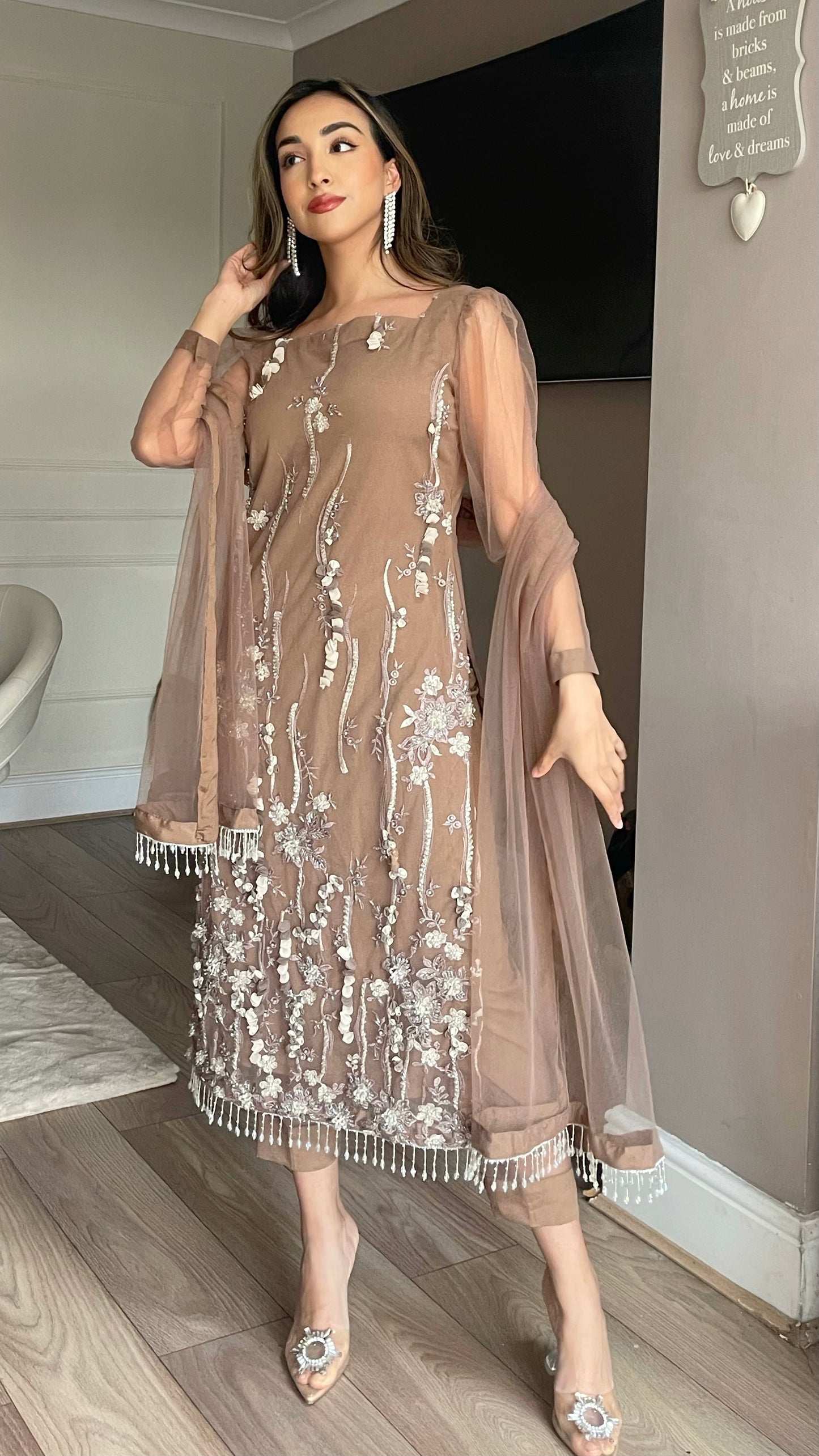 FATIMA Brown - 3 Piece Heavy Embroidered Net Suit with 3D Detail (7616470352085)