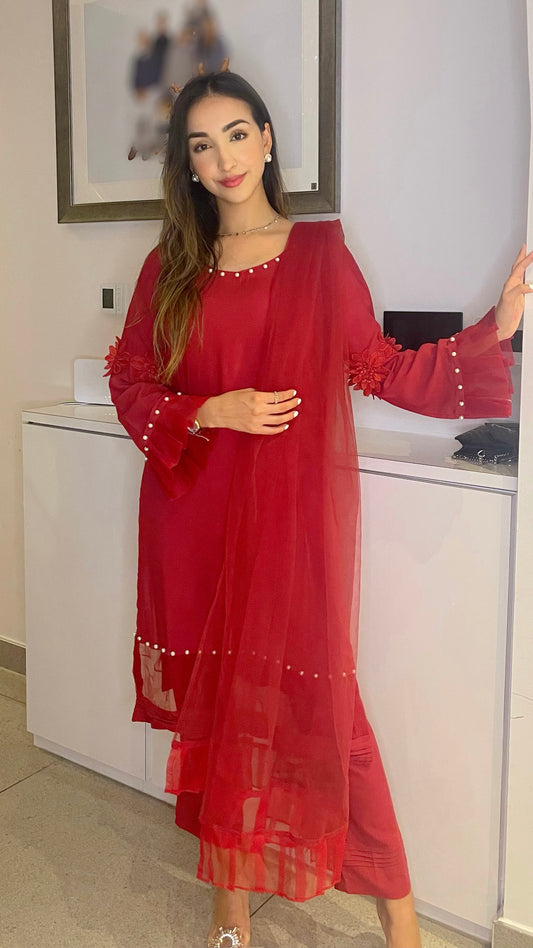SABRINA - 3 Piece Deep Red Linen Suit with Pearl Details and 3D Flowers (7480619335893)