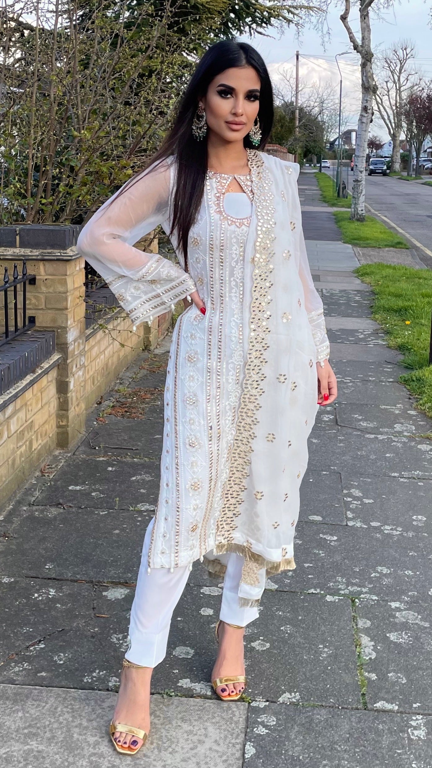 SABINA - Off-White and Gold Luxury 3 Piece Chikankari Chiffon Suit with Pure Chiffon Dupatta (7678066622677)