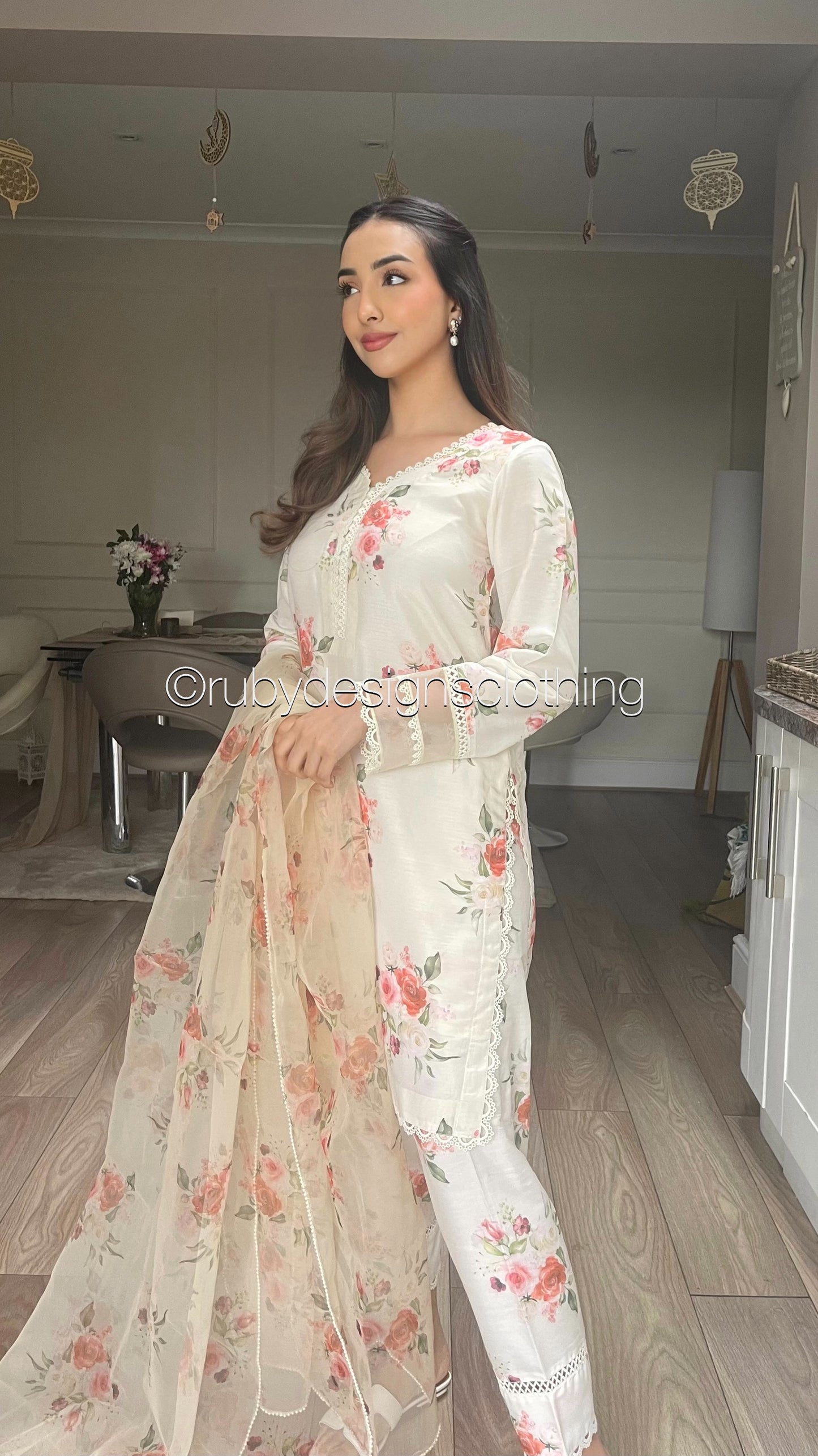 YUSRA - 3 Piece Cream Floral Print Swiss Lawn Suit with Organza Dupatta (8022979281109)