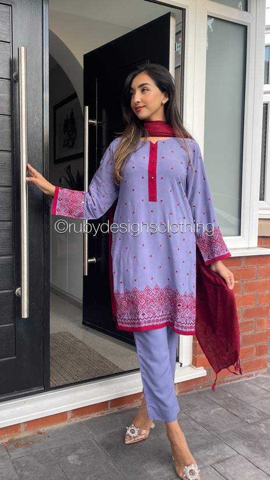 AMINAH - 3 Piece Blue Linen Suit with Maroon Embroidery and Shawl (7875260940501)