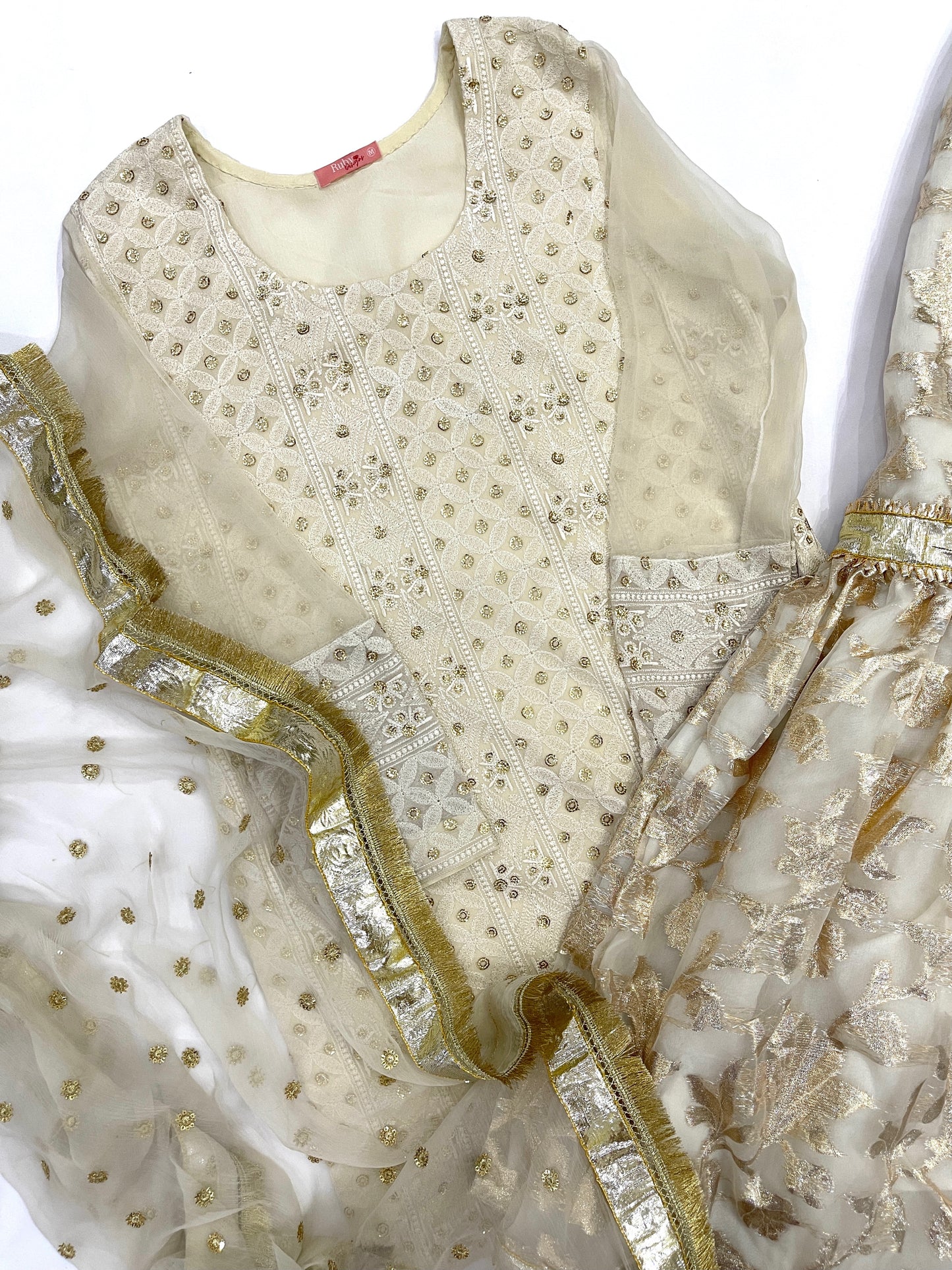 YASMIN - 3 Piece Luxury Off-White and Gold Chikankari Chiffon Suit with Gharara (7504708600021)