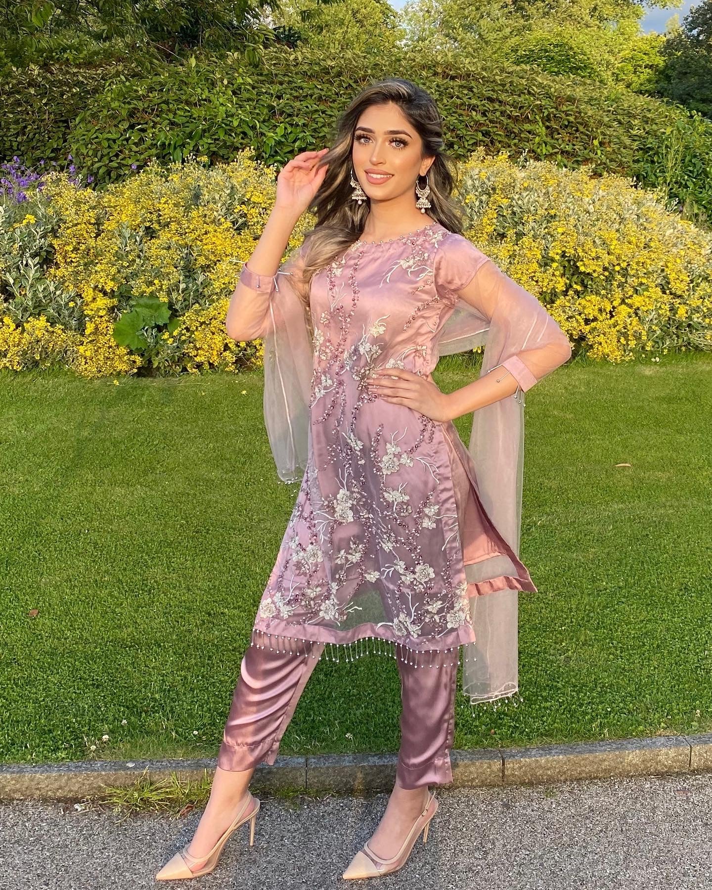 MAYAH - 3 Piece Heavy Embroidered Pink Net Suit with Tassels (6773489533112)