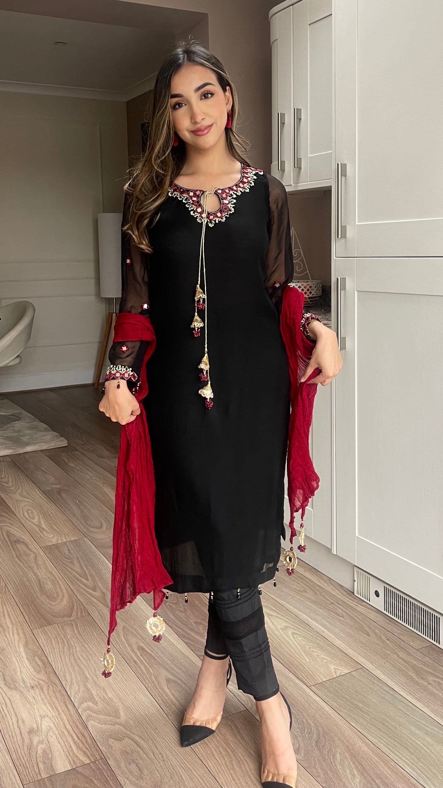 FARAH - Black 3 Piece Chiffon Suit with Mirror Details and Crushed Dupatta (7675764539605)