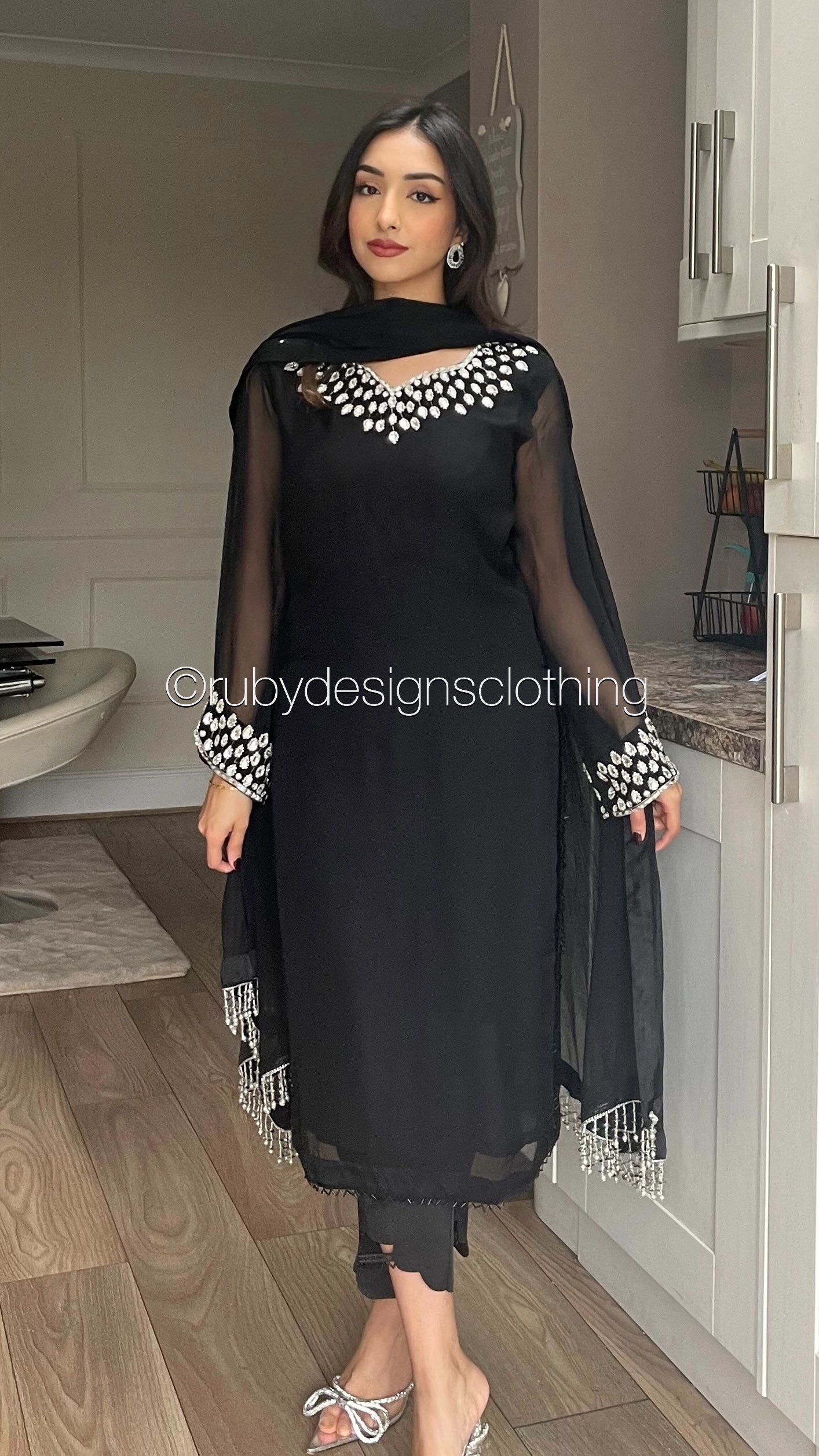 ARWA - 3 Piece Black Chiffon Suit with Chiffon Dupatta (8020991574229)