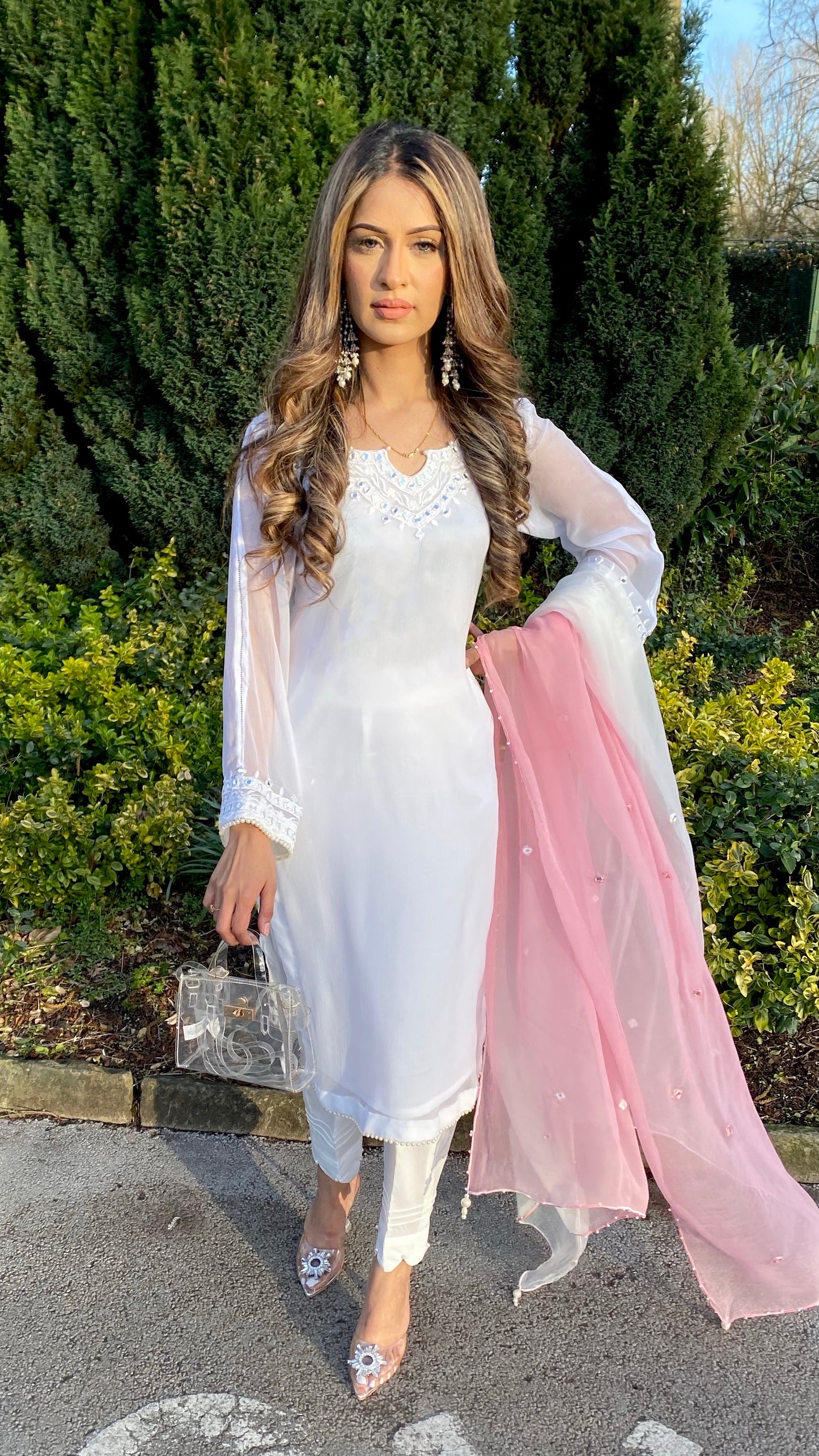 IRAM Pink - White 3 Piece Chiffon Suit with Mirror Details (7669104410837)