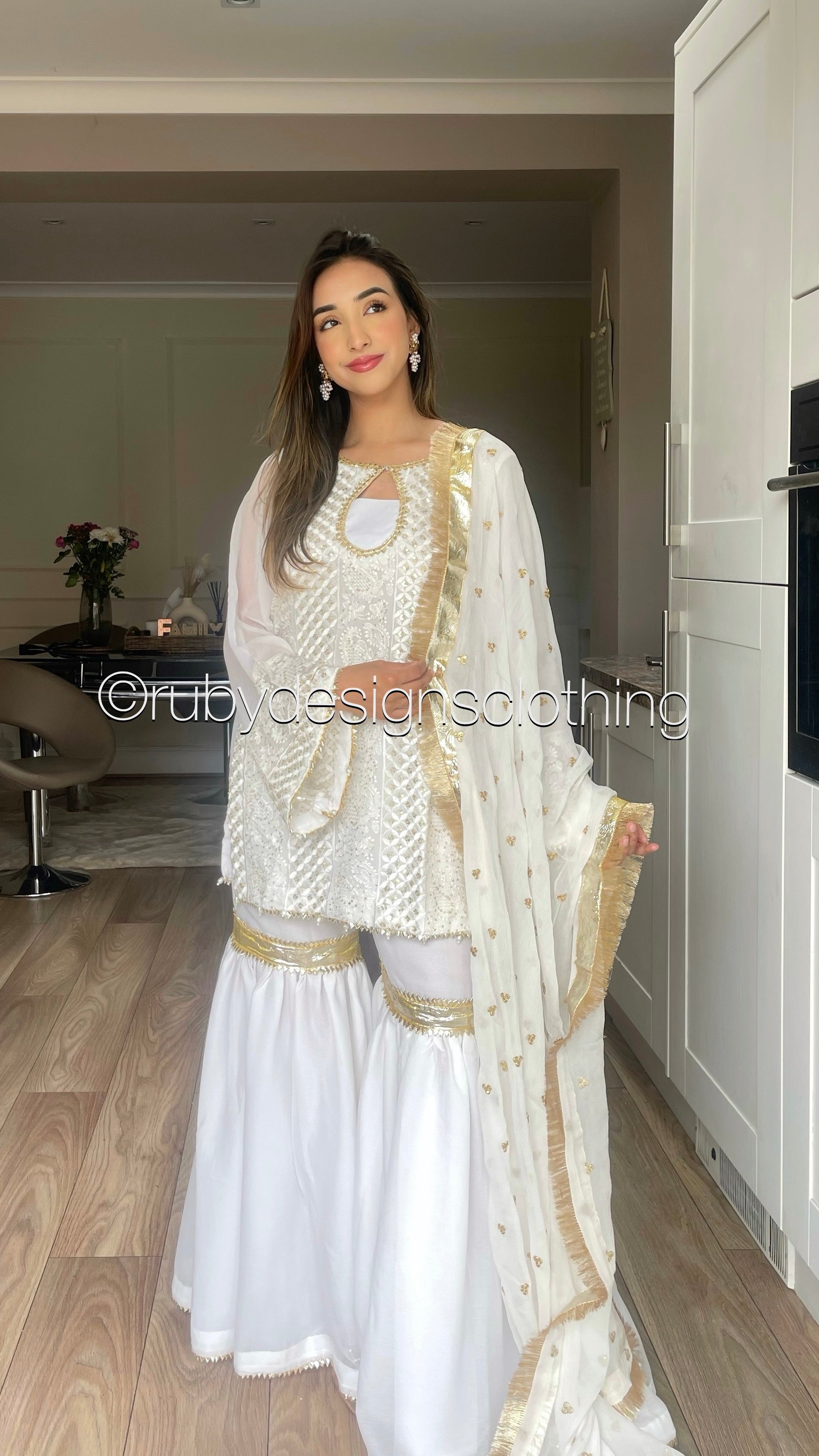 SYRA - White and Gold Luxury 3 Piece Chikankari Chiffon Gharara Suit w Ruby Designs Clothing Ltd SYRA - White and Gold Luxury 3 Piece Chikankari Chiffon Gharara Suit w Ruby Designs Clothing Ltd