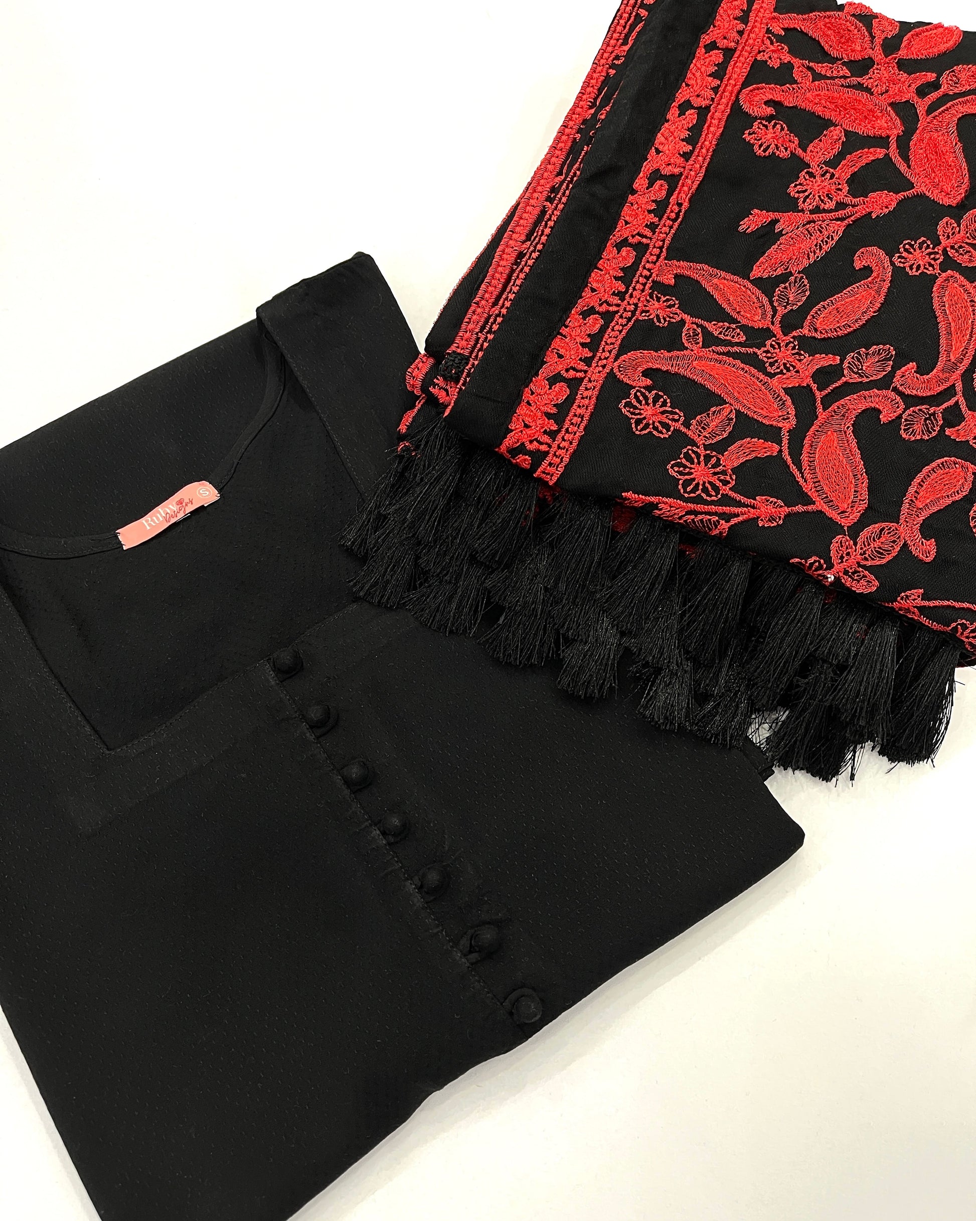 ZOYA - 3 Piece Black Marina Suit with Heavily Embroidered Shawl (7527432028373)