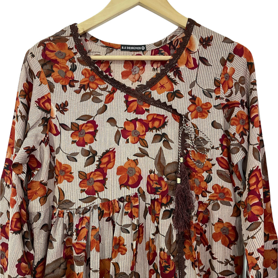 Brown 3 Piece Linen Floral Print Dress (6577917690040)