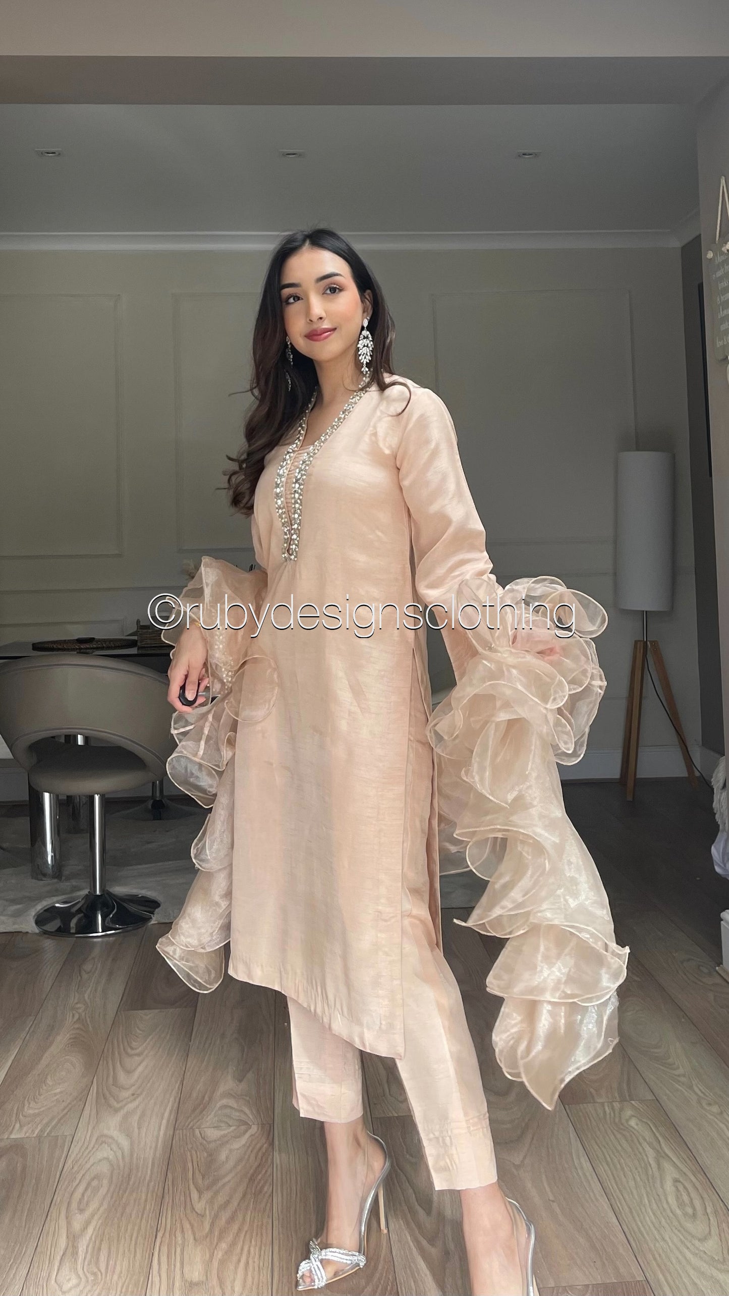 FARYAL - 3 Piece Peach Korean Raw Silk Suit with Ruffle Dupatta (8020413546709)