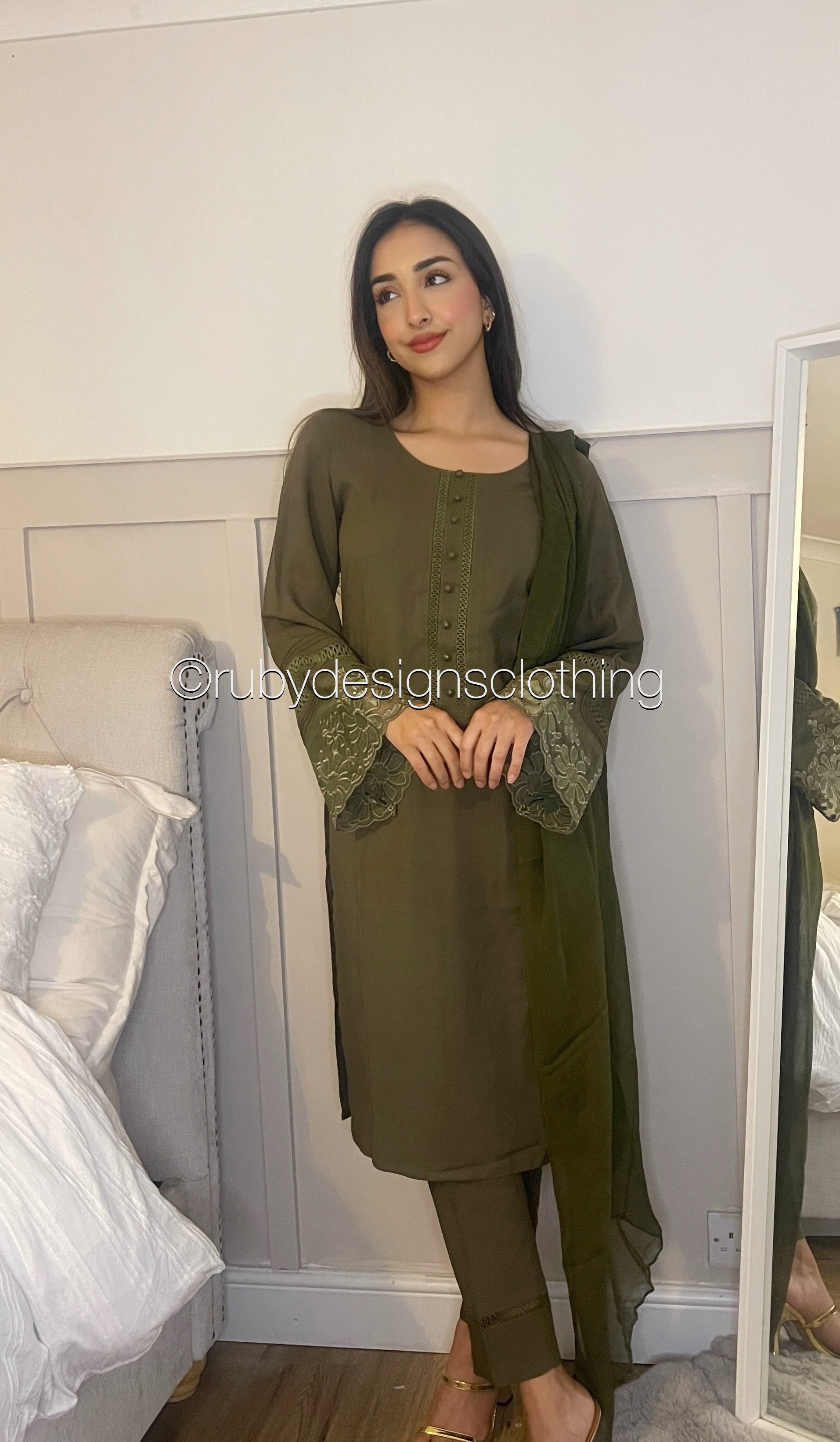 ZAITOON - 3 Piece Linen Olive Suit with Chiffon Dupatta (7934795808981)