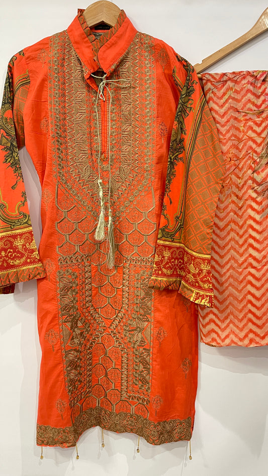 Original KHAS 3 Piece Orange Lawn Suit with Printed Dupatta (7874071724245)