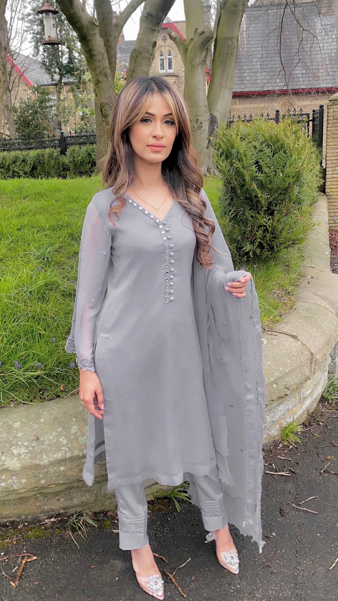 AVA - Grey 3 Piece Chiffon Suit with Mirror Details (7669096579285)