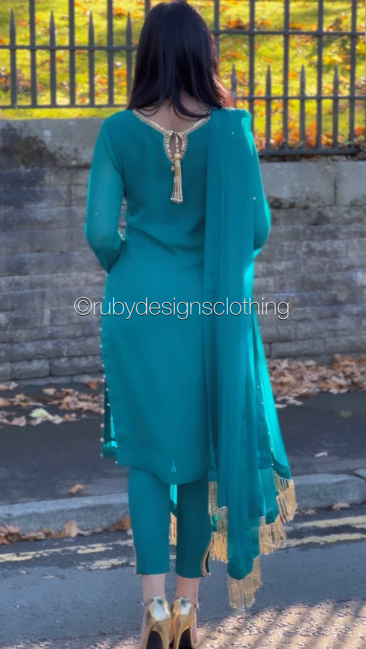 LIMITED EDITION HAYA Deep Sea Green - 3 Piece Chiffon Suit with Hand Embellished Neckline (7914318266581) (8748083511509)
