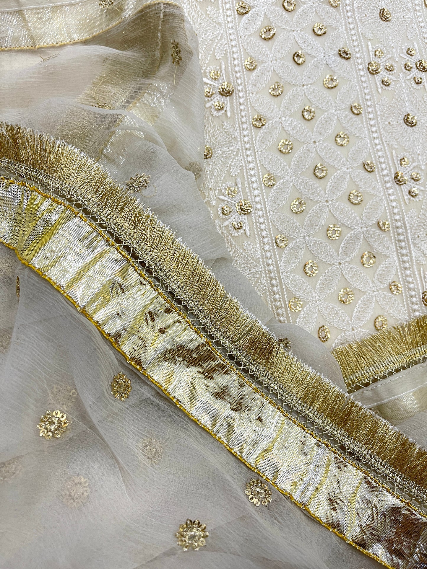 YASMIN - 3 Piece Luxury Off-White and Gold Chikankari Chiffon Suit with Gharara (7504708600021)