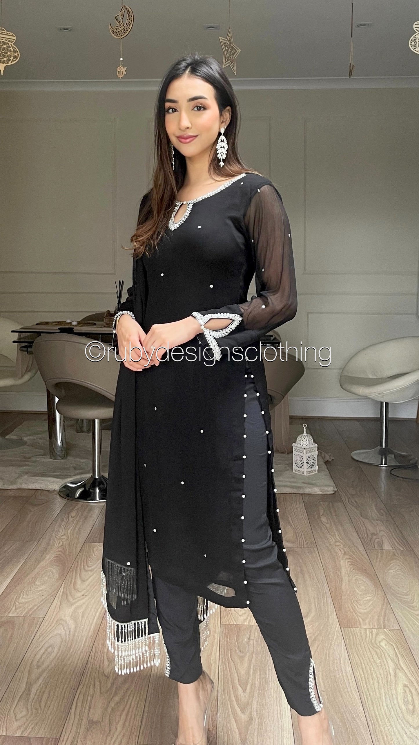 HAYA Black - 3 Piece Chiffon Suit with Hand Embellished Neckline (8026562298069)