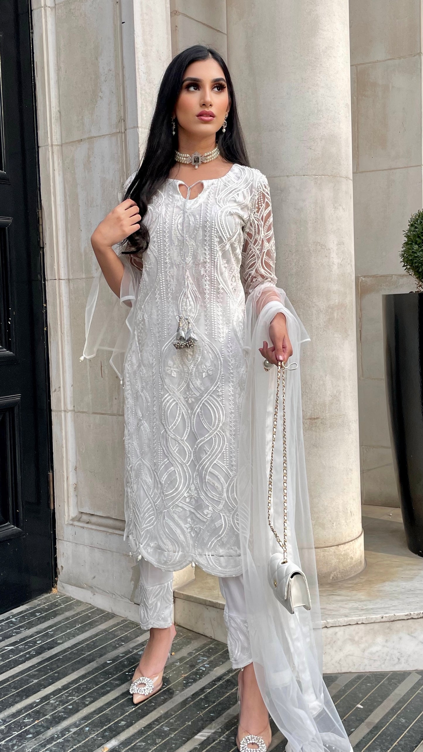 AIZAH - 3 Piece White Embroidered Net Suit Piece with Net Dupatta (7682168062165)