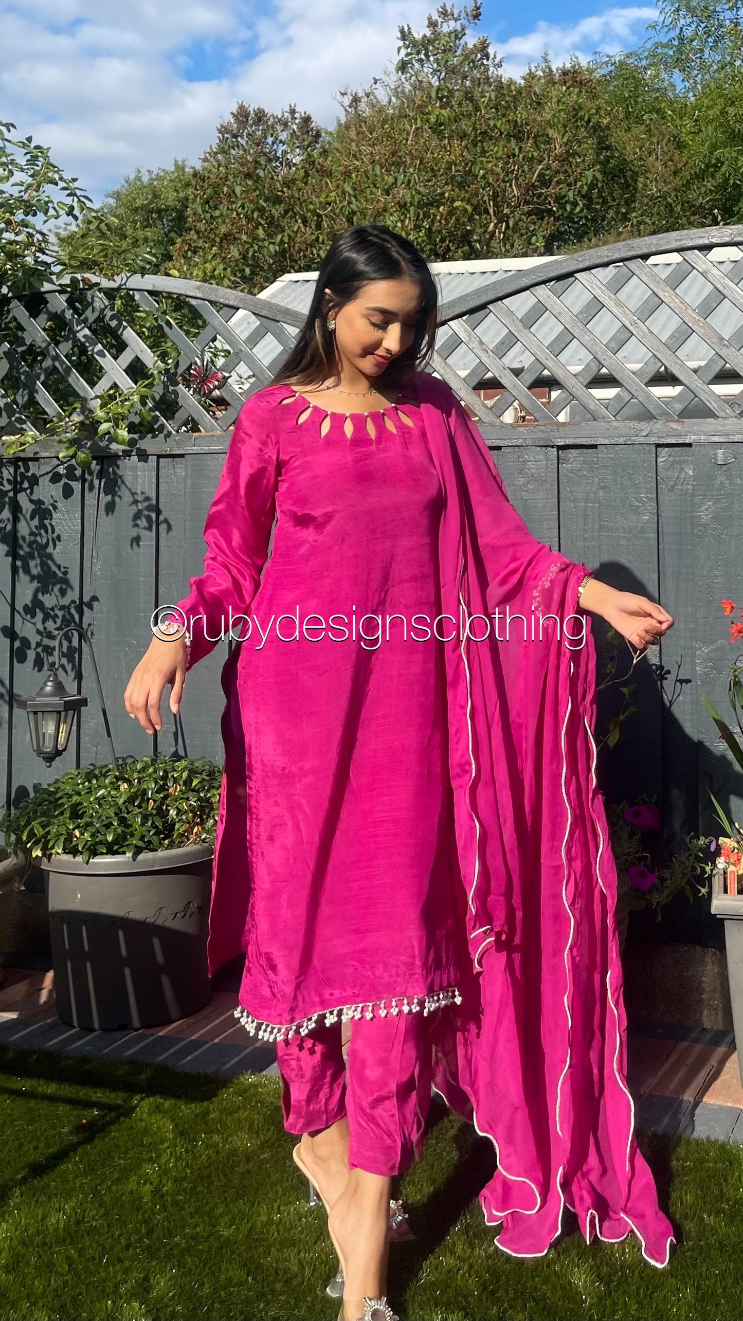 AMELIA Pink - 3 Piece Raw Silk Suit with Loop Cutout Neck (8020413382869)