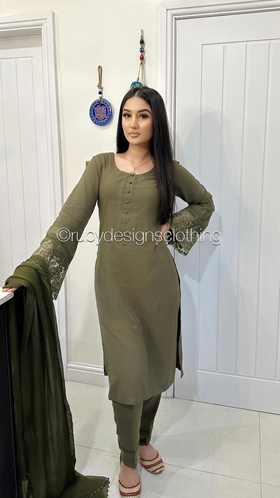 ZAITOON - 3 Piece Linen Olive Suit with Chiffon Dupatta (7934795808981)