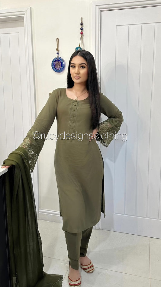 ZAITOON - 3 Piece Linen Olive Suit with Chiffon Dupatta (7934795808981)