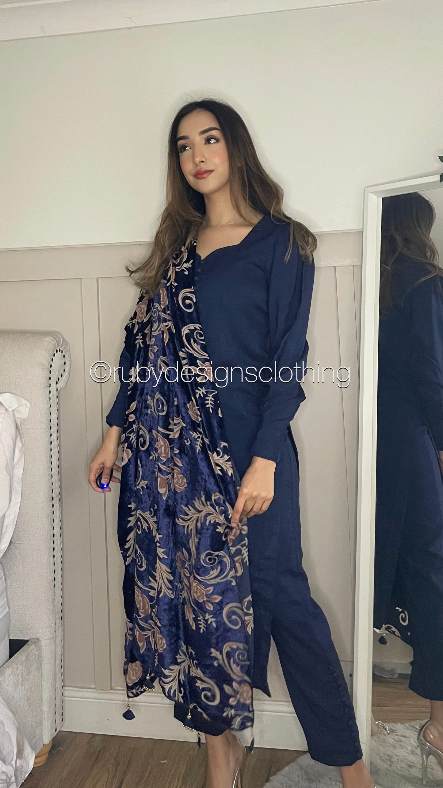 MARYAM Navy - 3 Piece Navy Suit with Velvet Palachi Shawl (7974929760469) (8747713822933)