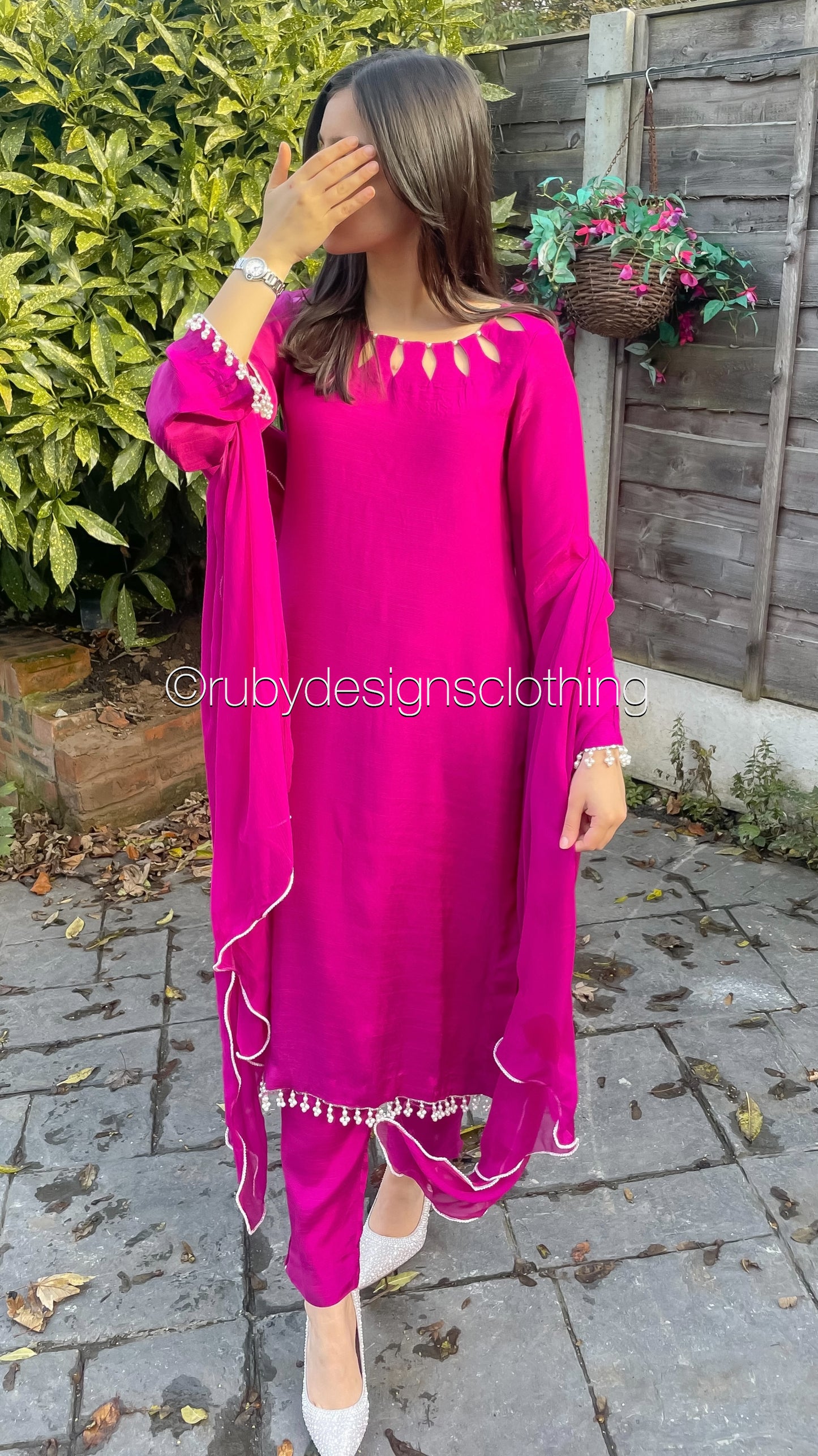 AMELIA Pink - 3 Piece Raw Silk Suit with Loop Cutout Neck (8020413382869)