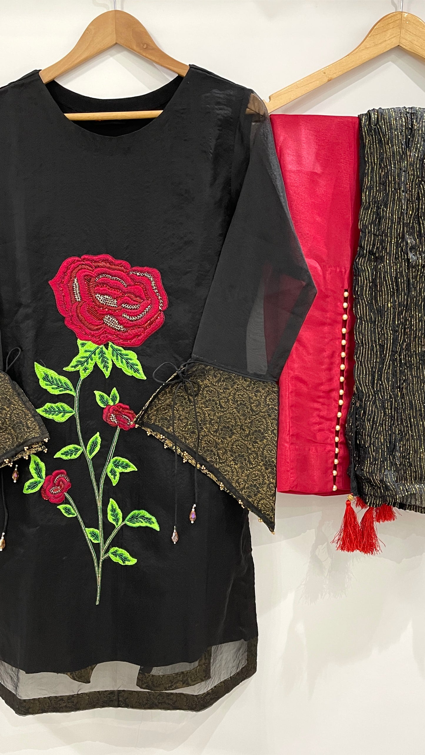 3 Piece Organza Black Suit with Red Rose Embroidery (6651370111160)
