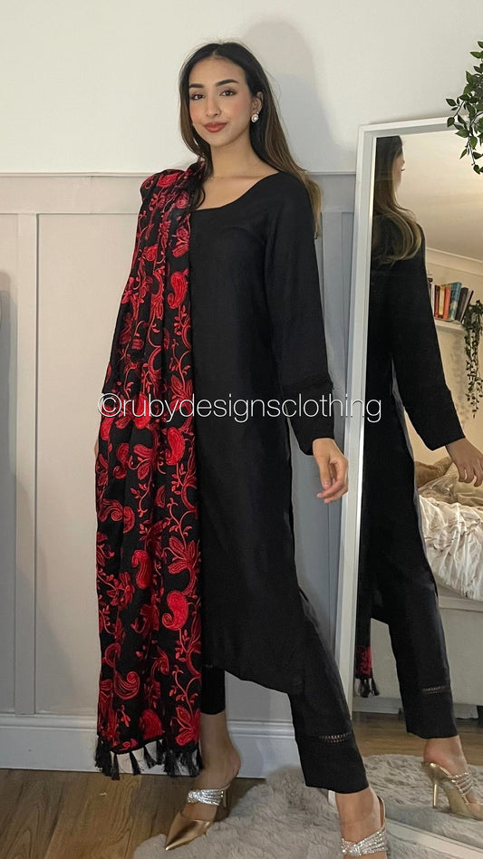ZEENAT - 3 Piece Black Linen Suit with Heavily Embroidered Shawl (7989822390485)