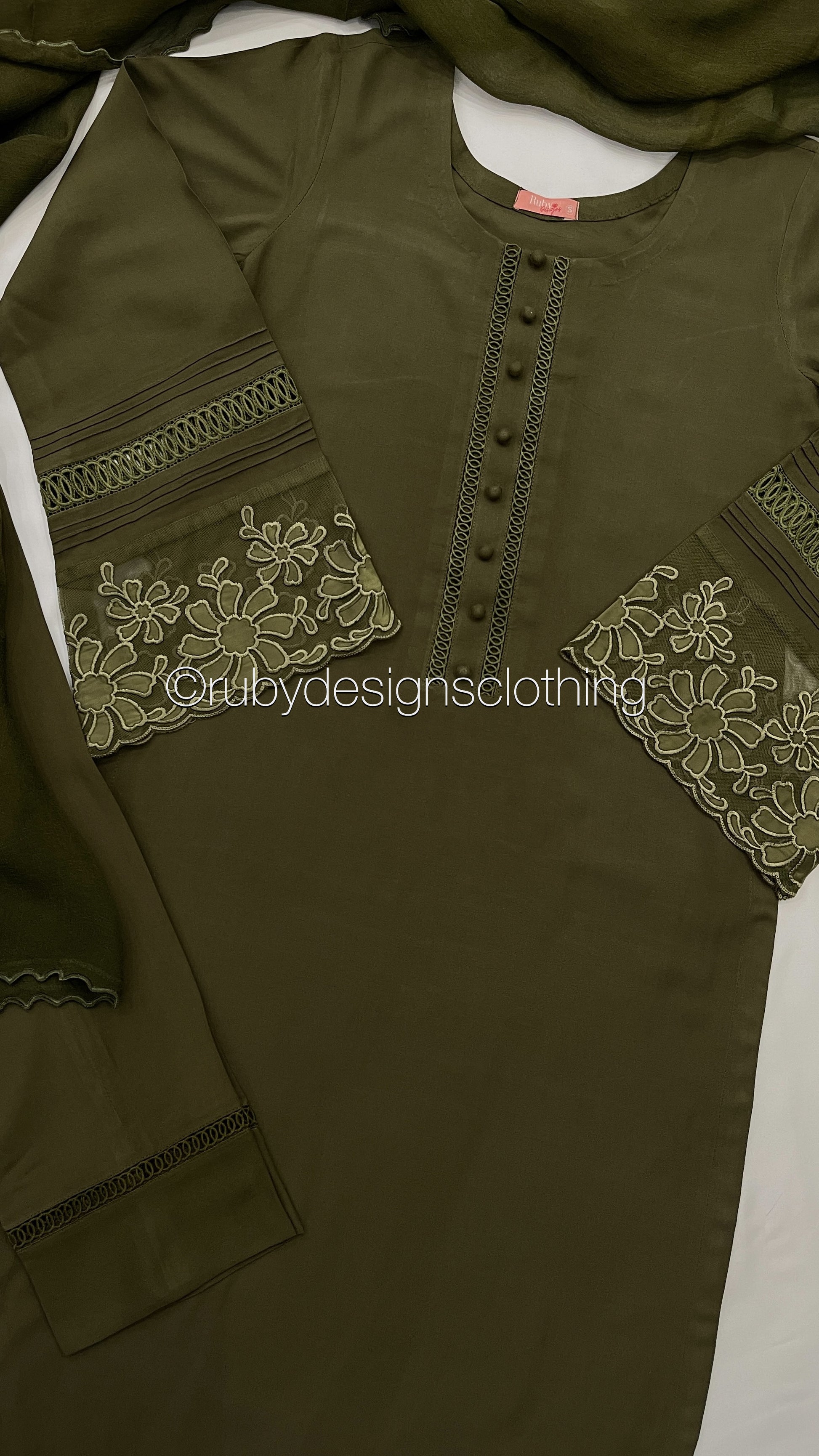 ZAITOON - 3 Piece Linen Olive Suit with Chiffon Dupatta (7934795808981)