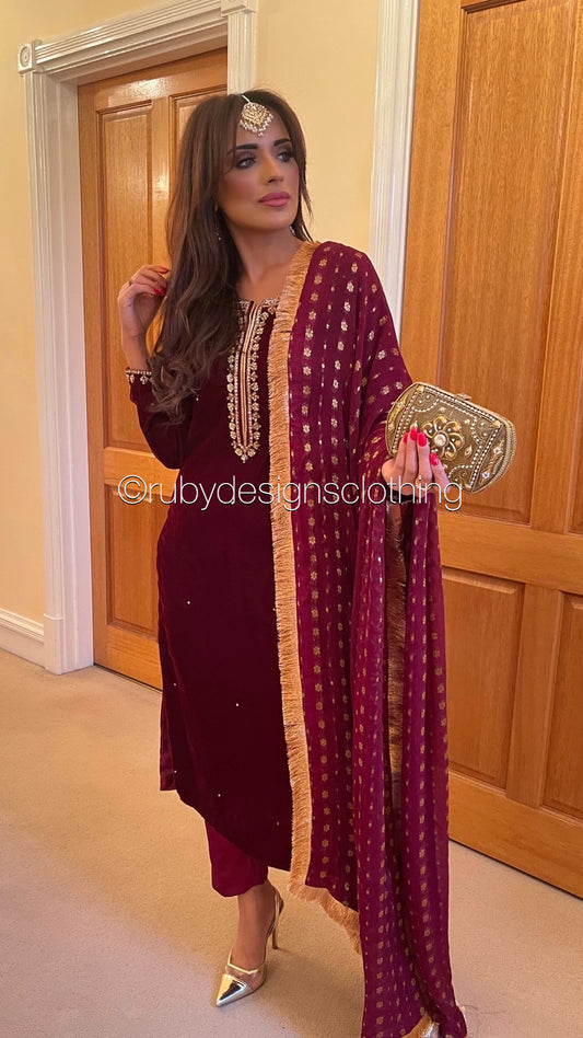 HAFSA - 3 Piece Maroon Velvet Suit with Jamawar Chiffon Dupatta (7953755570389)