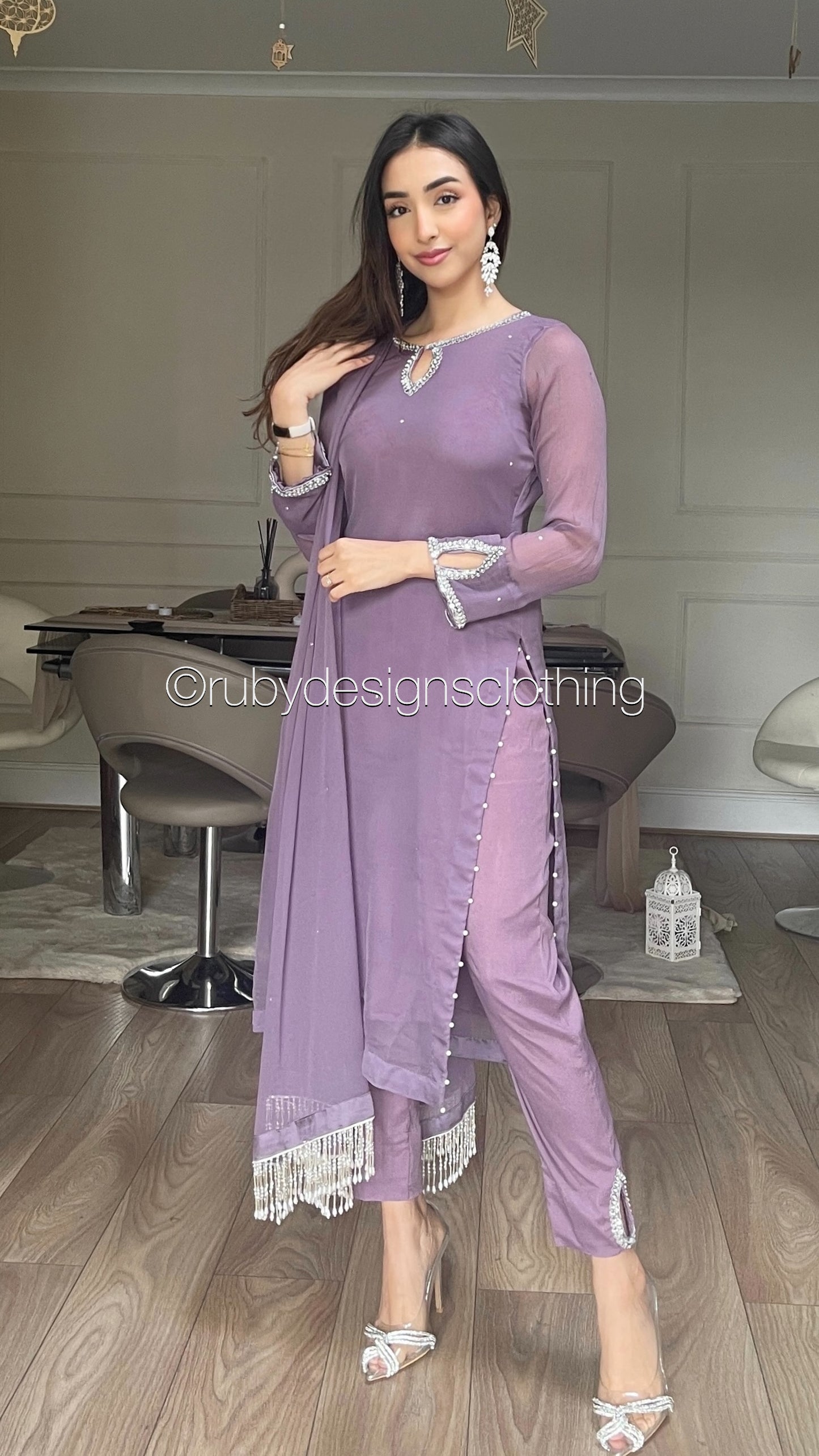 HAYA Mauve - 3 Piece Chiffon Suit with Hand Embellished Neckline (8026579763413)