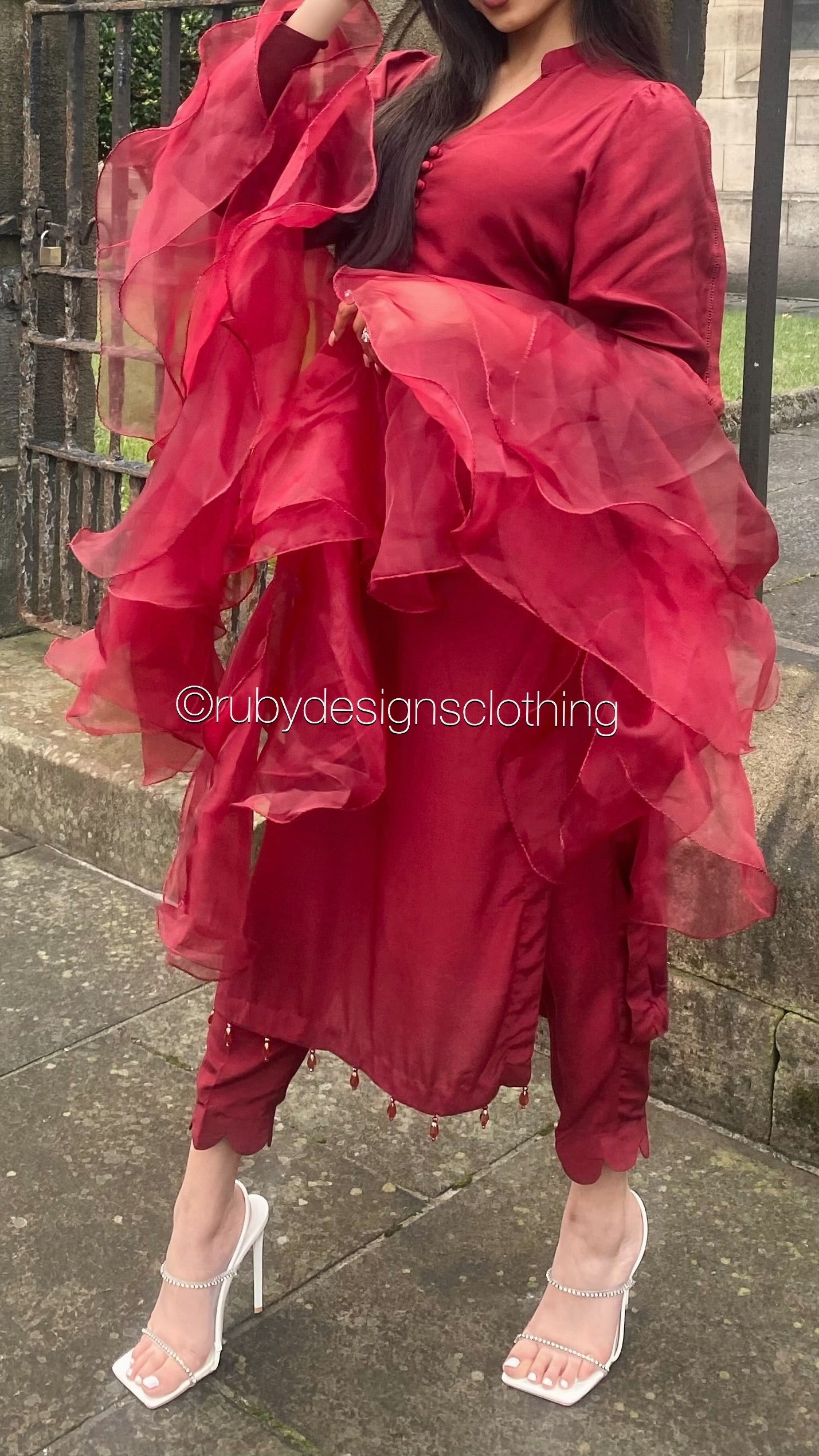 LAYLA Red - 3 Piece Raw Silk Suit with Ruffle Dupatta (7451155562709) (8747897651413)