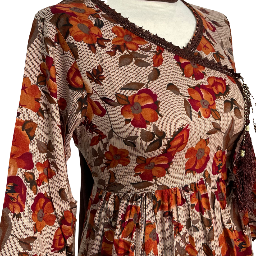 Brown 3 Piece Linen Floral Print Dress (6577917690040)