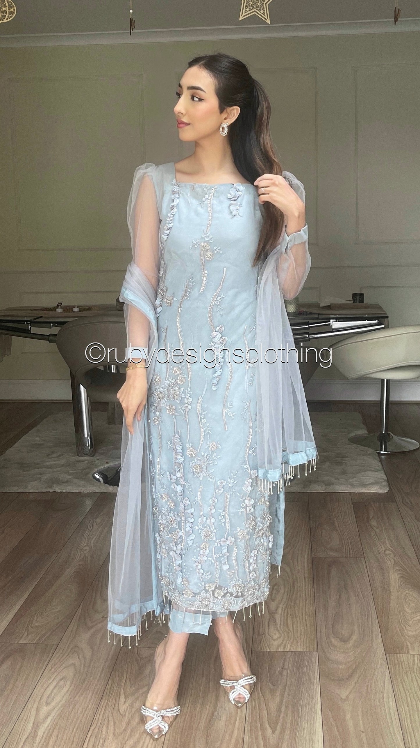 FATIMA Blue - 3 Piece Heavy Embroidered Net Suit with 3D Detail (8028965961941)