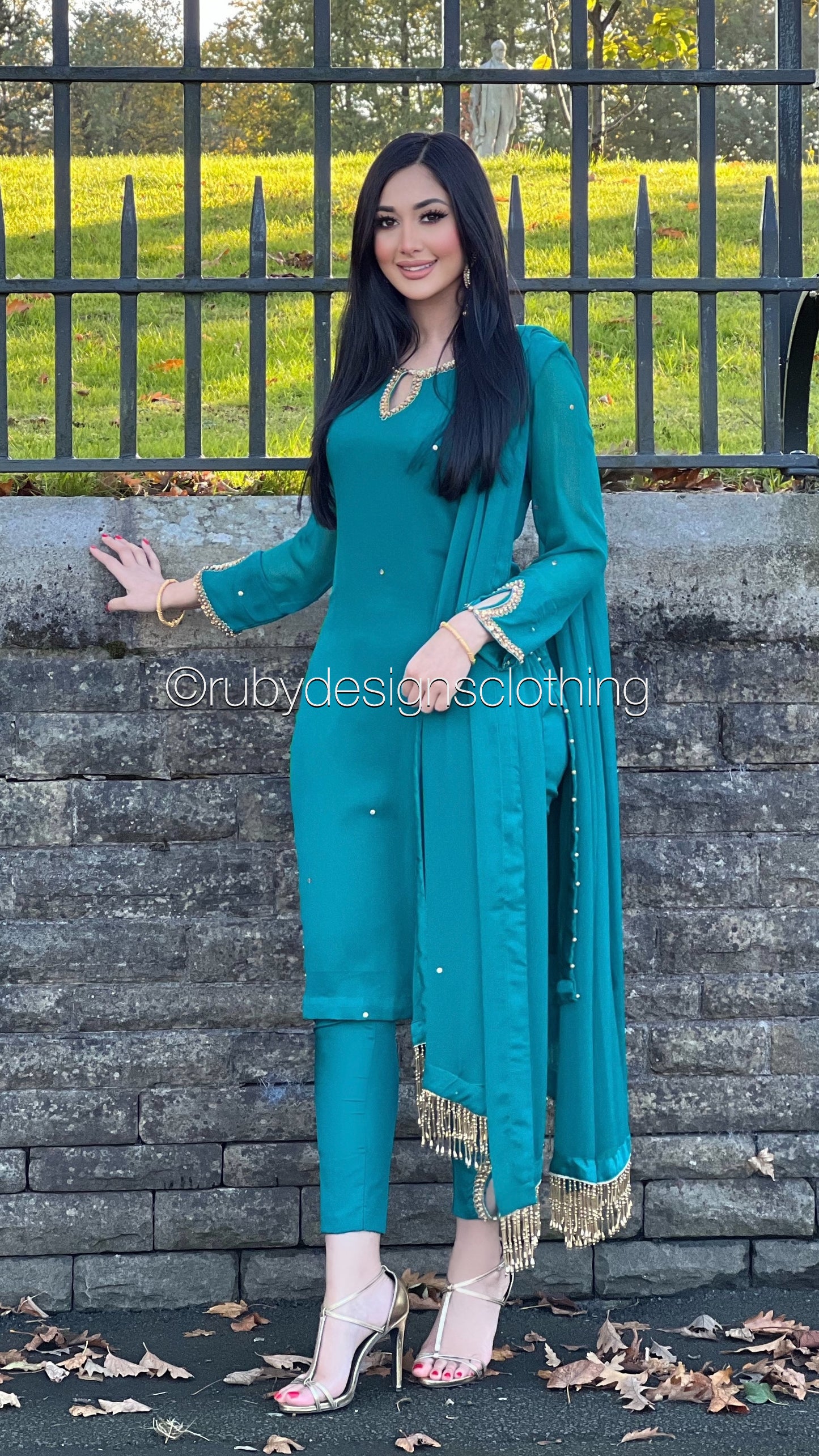 LIMITED EDITION HAYA Deep Sea Green - 3 Piece Chiffon Suit with Hand Embellished Neckline (7914318266581) (8748083511509)