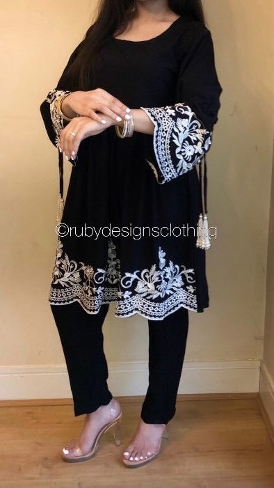 SHARIYA Black - 3 Piece Dress with White Embroidery and Flared Sleeves (6646440132792)