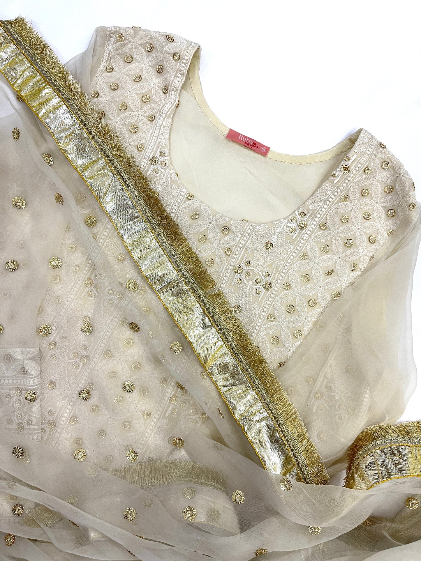 YASMIN - 3 Piece Luxury Off-White and Gold Chikankari Chiffon Suit with Gharara (7504708600021)