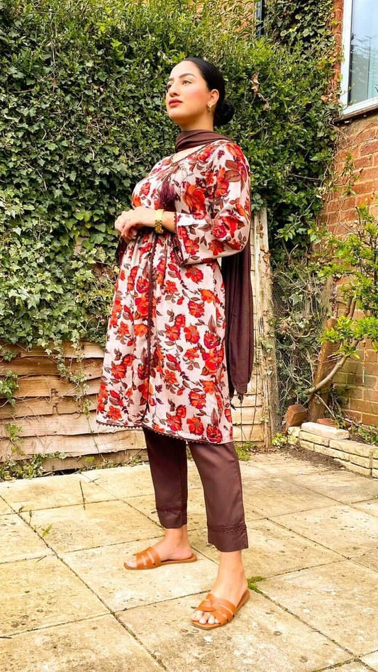 Brown 3 Piece Linen Floral Print Dress (6577917690040)